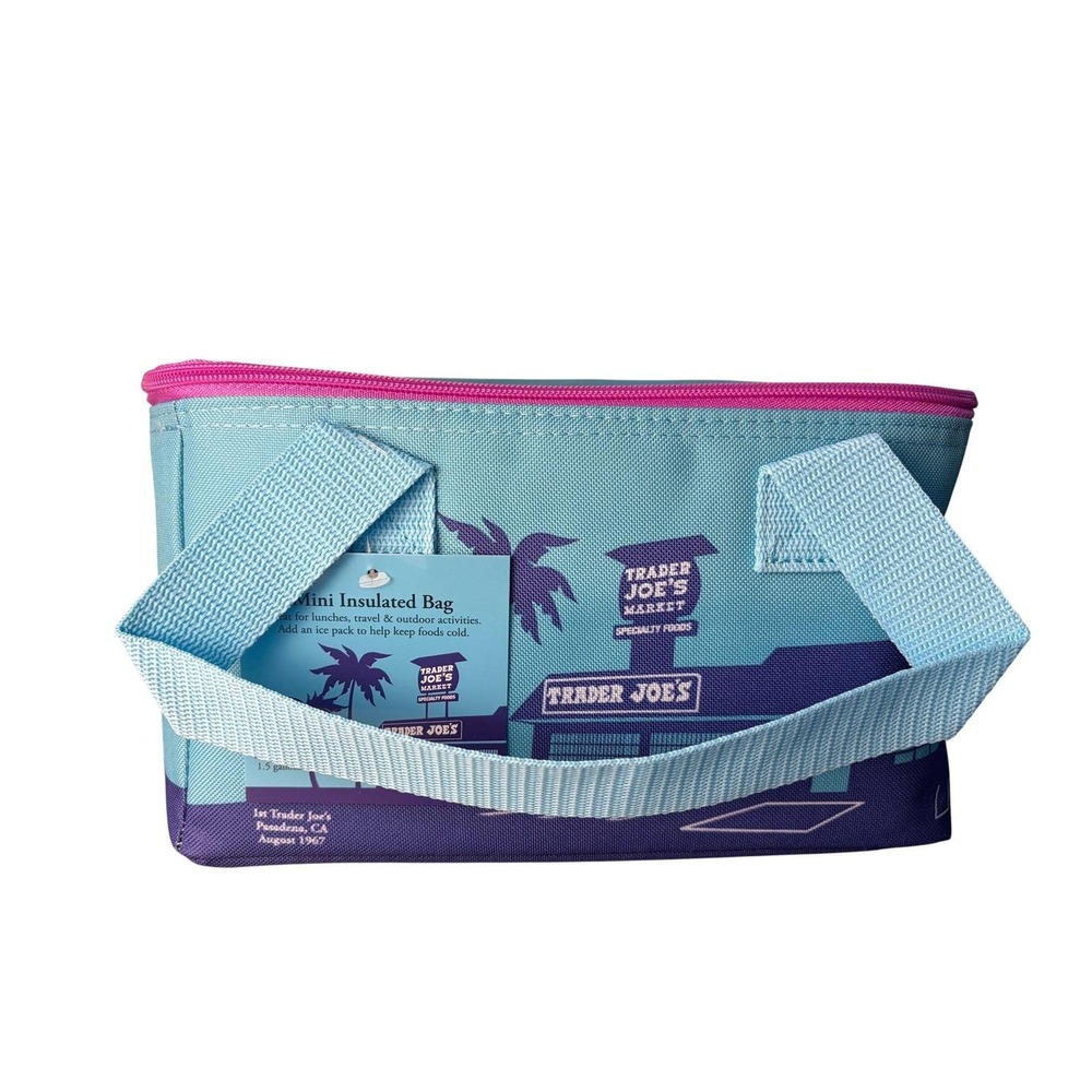 Trader Joe's Mini Insulated Tote Bag Ice Blue Pink Summer Fun Cooler NWT 1.5 Gal